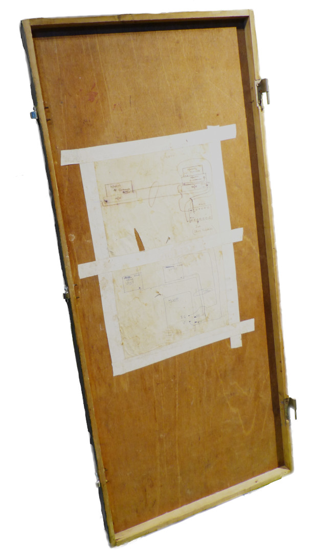The wooden PA mixer case lid. A paper diagram of the PA system connections can be seen stuck inside the lid.