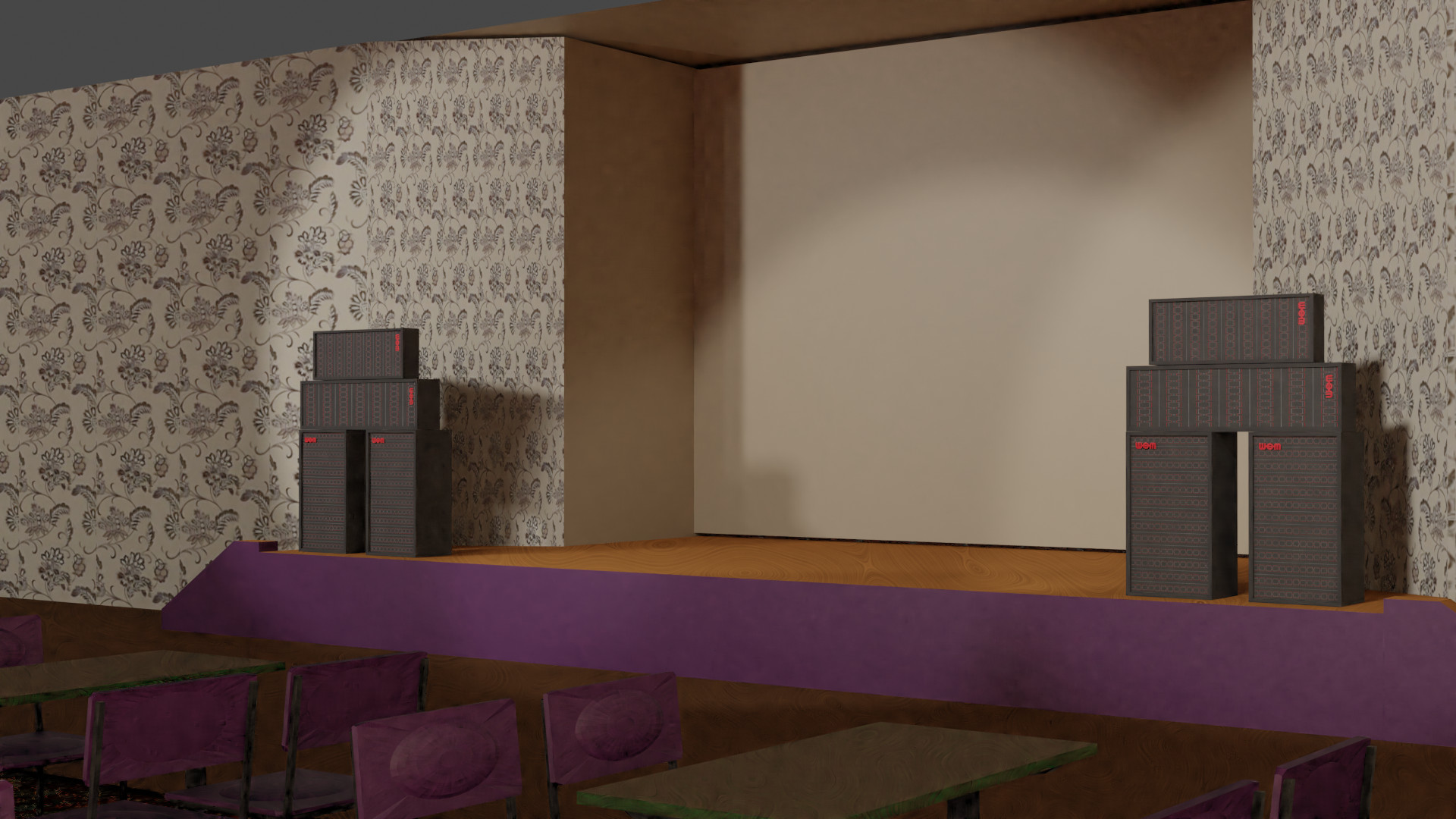 A Blender simulation of the WEM PA loudspeaker cabinets on stage in the 3D model of a working men's club.