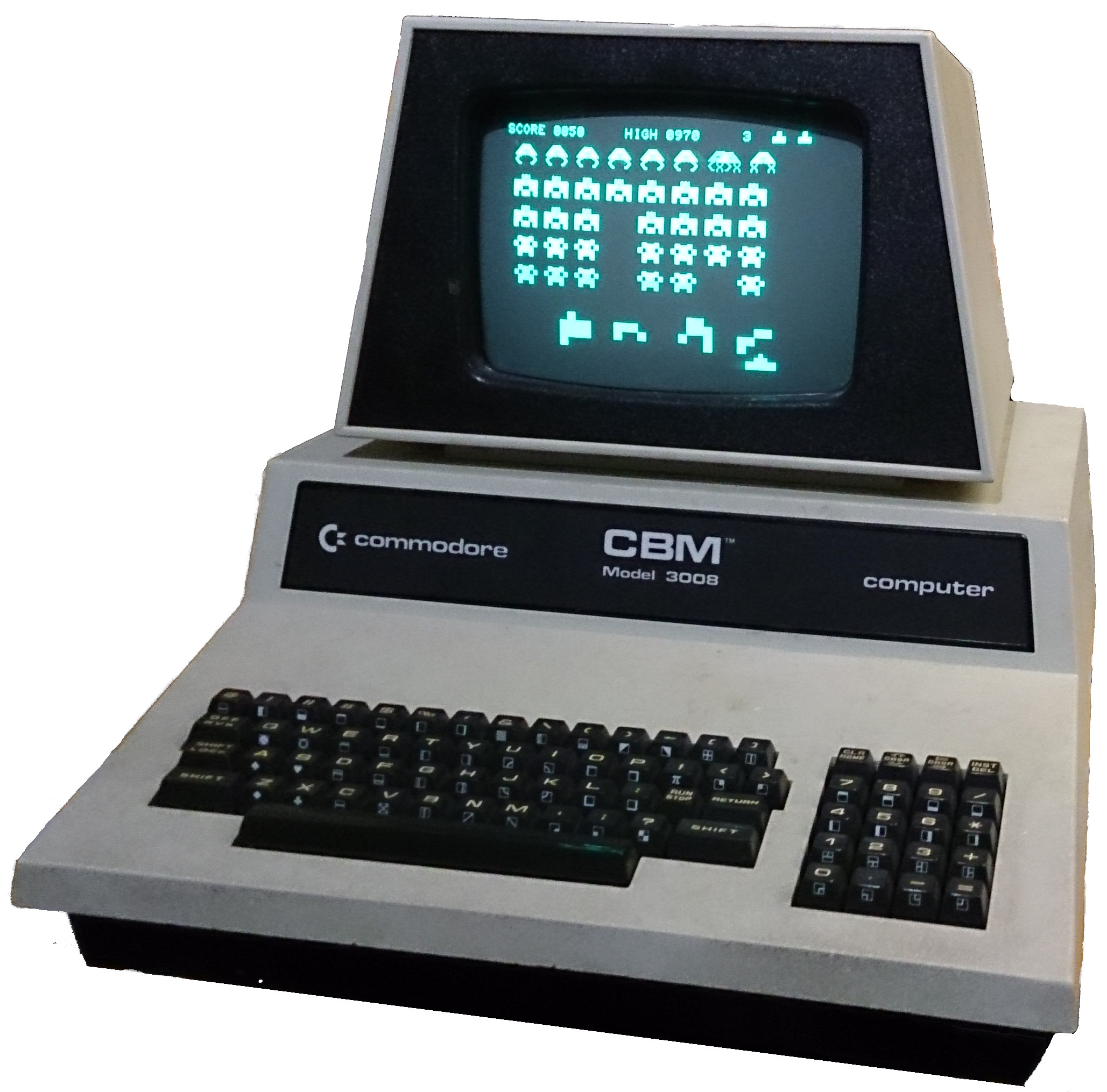 A CBM Pet computer showing an Invaders game that inspired the making of Invaders in Java for Android
