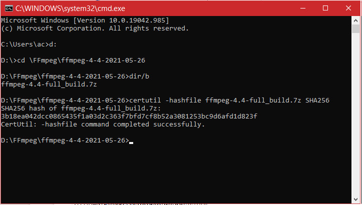 A Windows command box showing CertUtil used to calculate a SHA256 file hash.